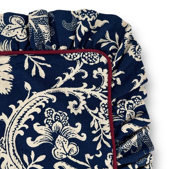 Waverly Floral Jacobean Ruffled Edge Pillow Sham Set Standard Blue Cream - Picture 3 of 5